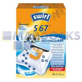 Compatible con Swirl tipo 'S67' Bosch Siemens tipo 'D, E, F, G, H' series Activa, Alpha, Kids & Fun, Super VS, bolsas de SMS y kit de filtros (paquete de 4+1)